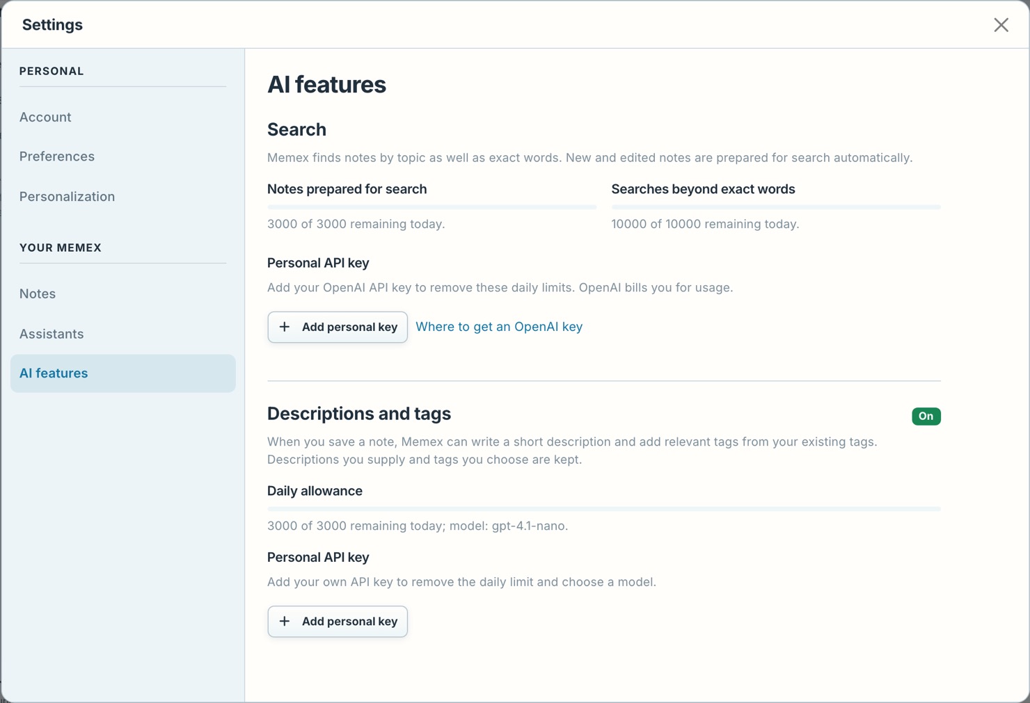 AI features, with Search and Descriptions and tags