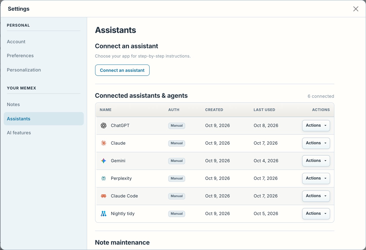 Settings › Assistants, with every connection and when it was last used