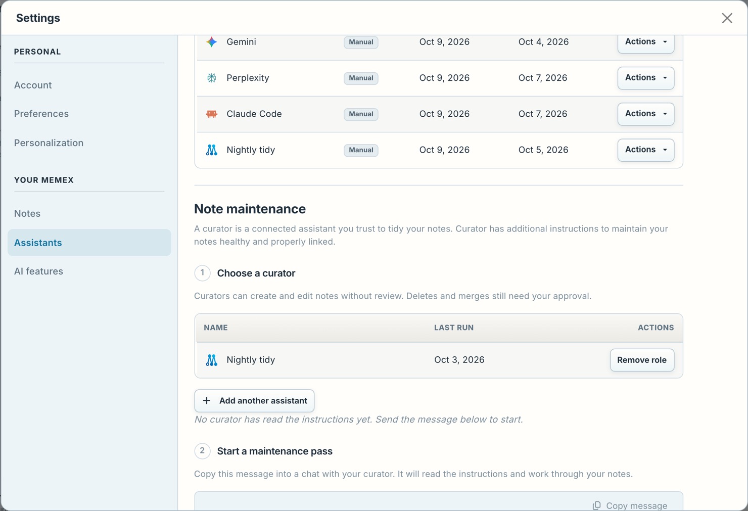 Note maintenance in Settings › Assistants, with a curator chosen