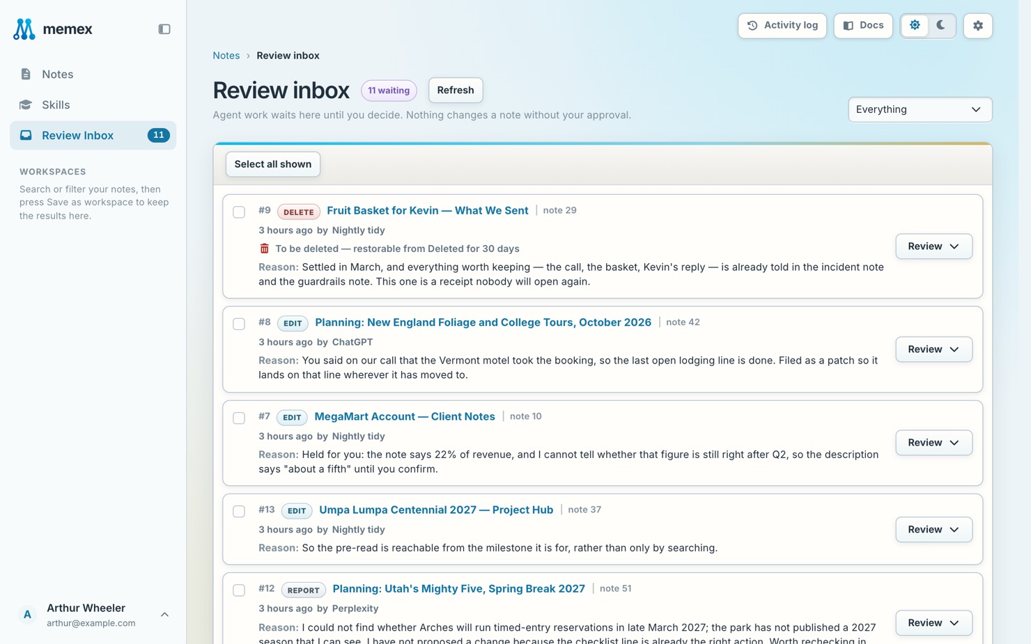 Review Inbox with proposals from connected assistants