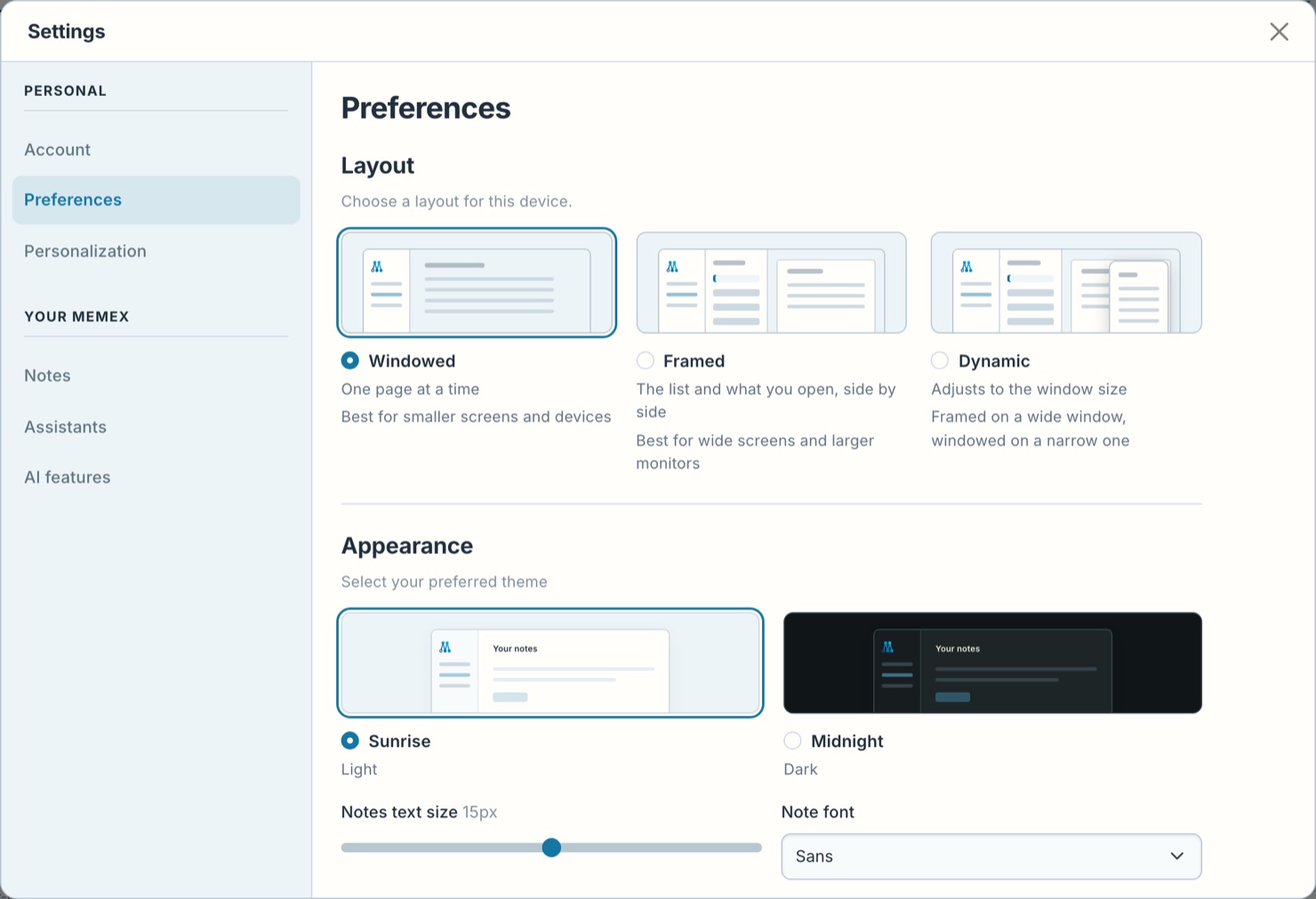 Windowed, Framed and Dynamic, in Settings › Preferences