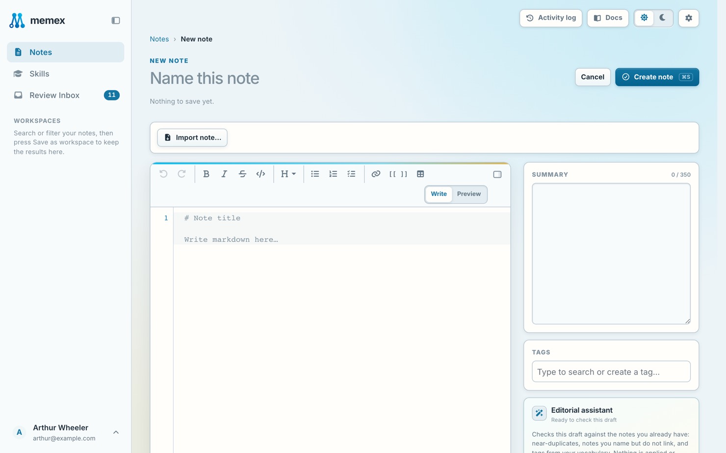 A new note, with the editor, summary and tags