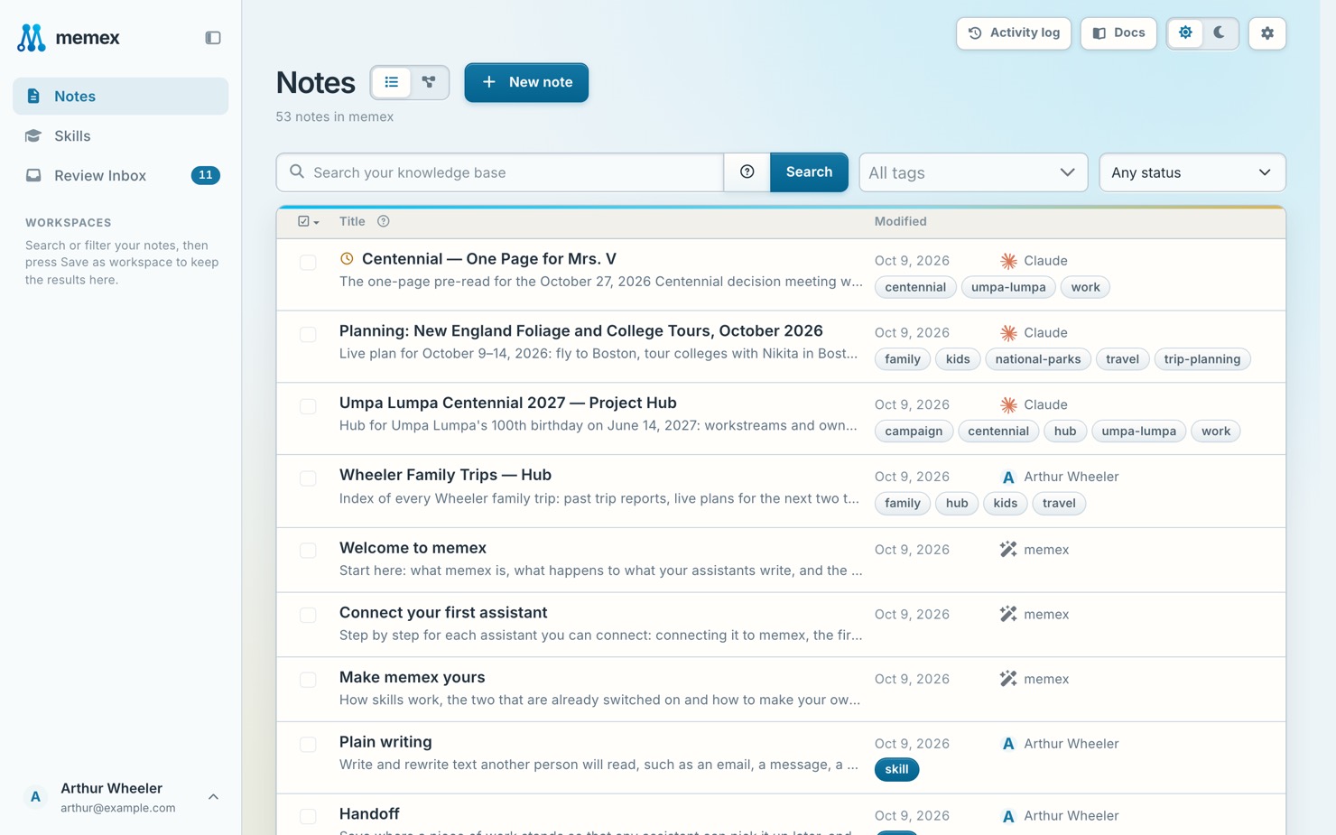 Notes with the search box, tags and status filters