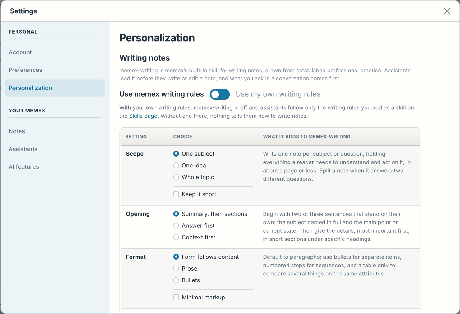 Writing notes, in Settings › Personalization