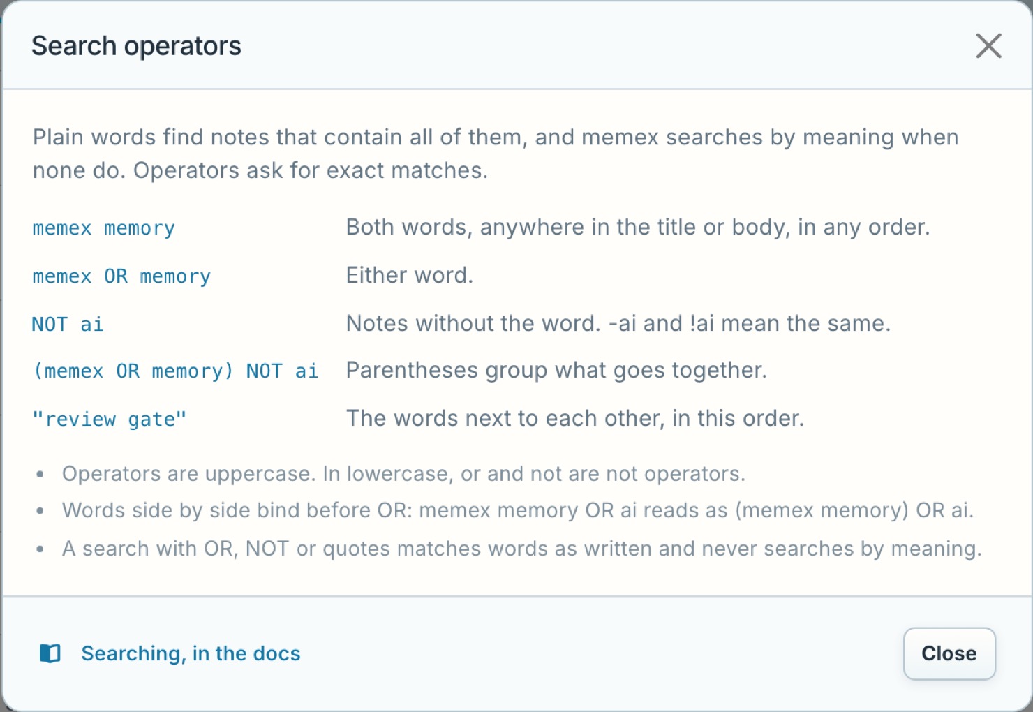 The Search operators panel