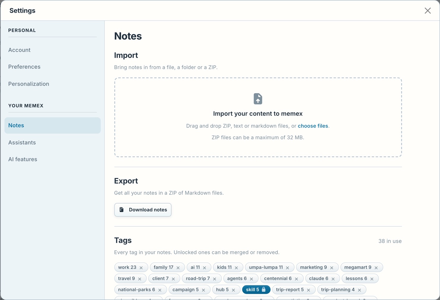 Import and Export, in Settings › Notes